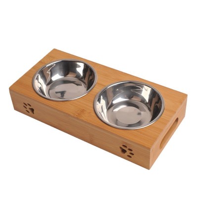 Factory direct cat pet double bowl solid wooden bowl rack wooden dog food bowl