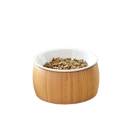 Pet cat bowl rack round single bowl physical rack bamboo food rack with ceramic bowl factory