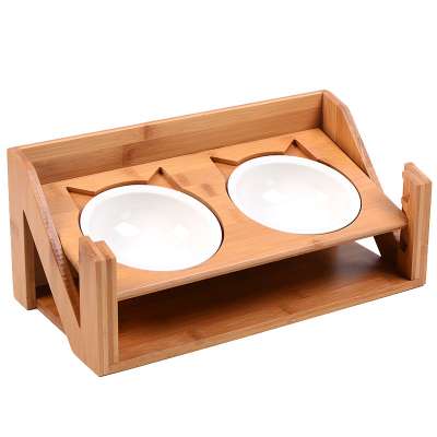 Factory Outlet Bamboo Pet Cat Bowl Holder Adjustable Height Food Bowl Holder